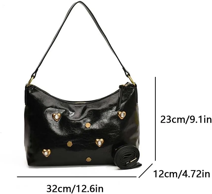PU Leather Shoulder Bag, Soft Heart Rivet Top Handle Satchel Fashion Ladies Purse for Women Work Shopping Travel