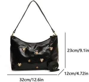 PU Leather Shoulder Bag, Soft Heart Rivet Top Handle Satchel Fashion Ladies Purse for Women Work Shopping Travel