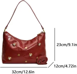 PU Leather Shoulder Bag, Soft Heart Rivet Top Handle Satchel Fashion Ladies Purse for Women Work Shopping Travel