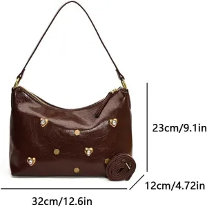 PU Leather Shoulder Bag, Soft Heart Rivet Top Handle Satchel Fashion Ladies Purse for Women Work Shopping Travel