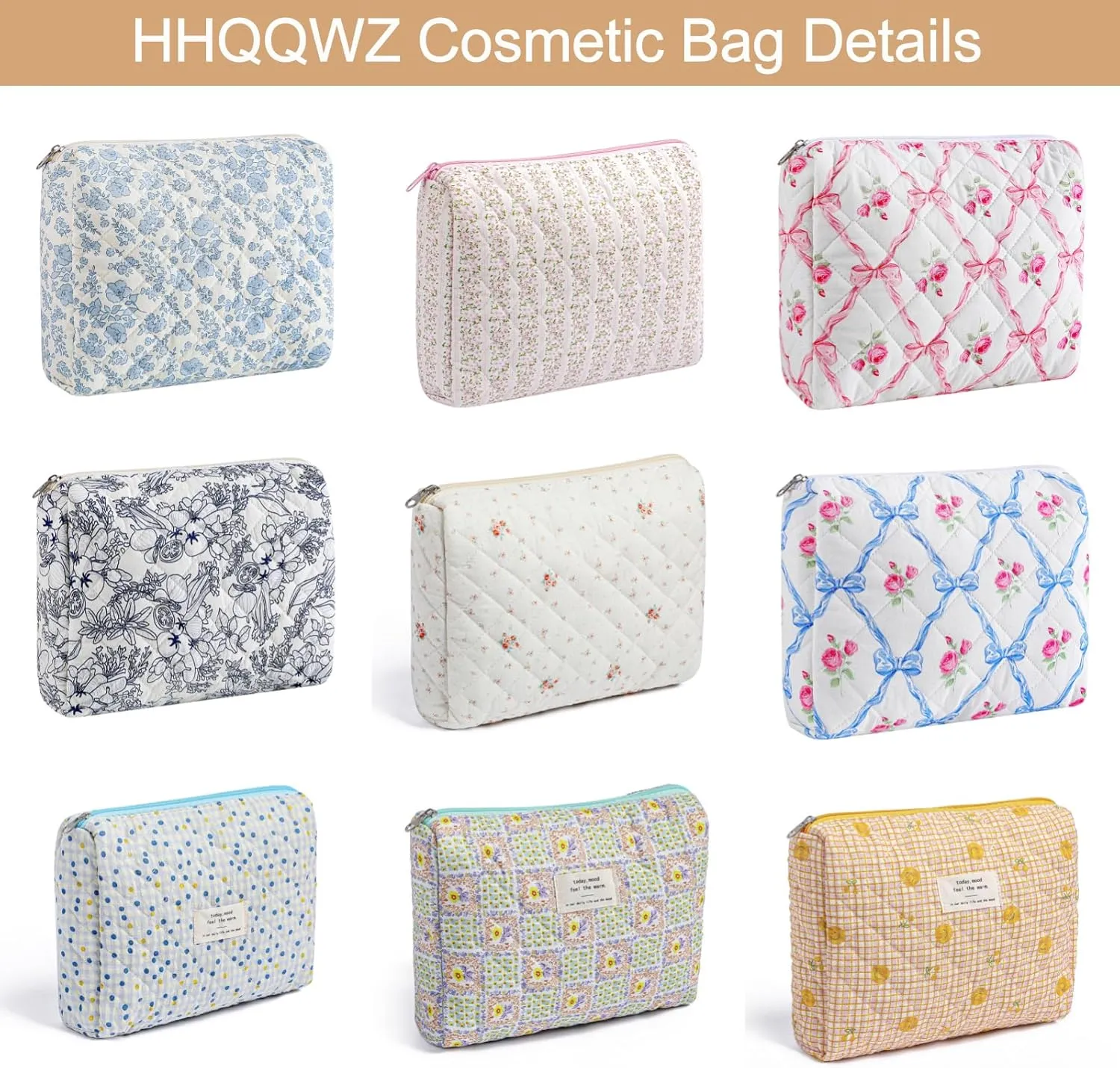 Quilted Cotton Makeup Bag Travel Cosmetic Bag for Women Girls, Zipper Make Up Pouch, Bow Pattern Toiletry Organizer Makeup, Portable Storage Bag (Large/Pink Bowknot)
