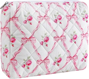 Quilted Cotton Makeup Bag Travel Cosmetic Bag for Women Girls, Zipper Make Up Pouch, Bow Pattern Toiletry Organizer Makeup, Portable Storage Bag (Large/Pink Bowknot)