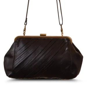 Real Leather Unique Women's Ladies Evening Formal Clutch Bag, Bridal Or Party Clutch Purse Black