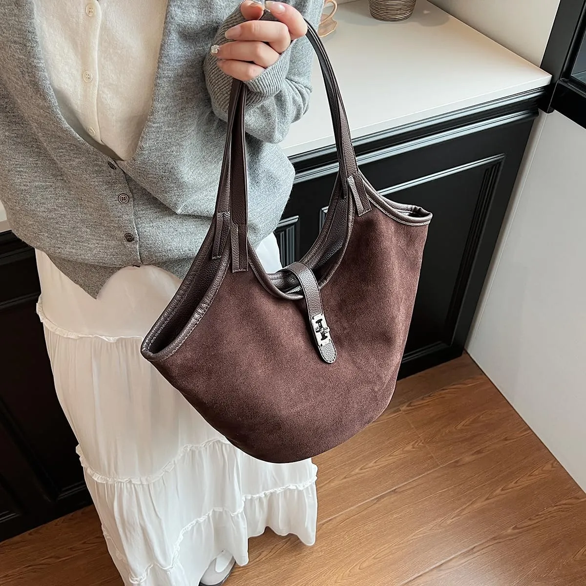 Retro Suede Hobo Handbag for Women Trendy Satchel Purse Designer Top Handle Bag for Work