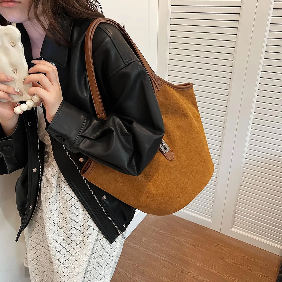 Retro Suede Hobo Handbag for Women Trendy Satchel Purse Designer Top Handle Bag for Work