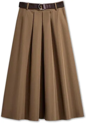 SANGTREE Women's Elastic Back Waist A-Line Solid Color Flared Midi Skirt with Belt
