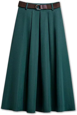 SANGTREE Women's Elastic Back Waist A-Line Solid Color Flared Midi Skirt with Belt