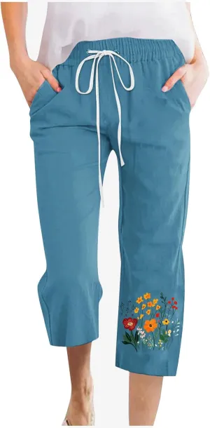 Summer Linen Capri Pants for Women Casual Floral Print Elastic High Waist Pant Straight Leg Cropped Trousers