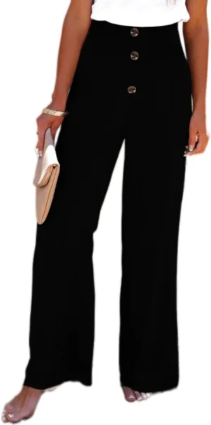 TIAFORD Women Smocked Linen Palazzo Pants Summer Casual Elastic High Waist Button Wide Leg Long Linen Beach Lounge Trousers