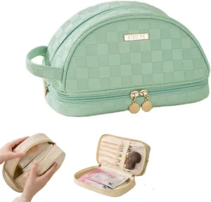 Travel Makeup Bag, Waterproof Toiletry Bag Large Capacity Cosmetic Bag with Handles Dividers, Makeup Organizer Pouch (Green)