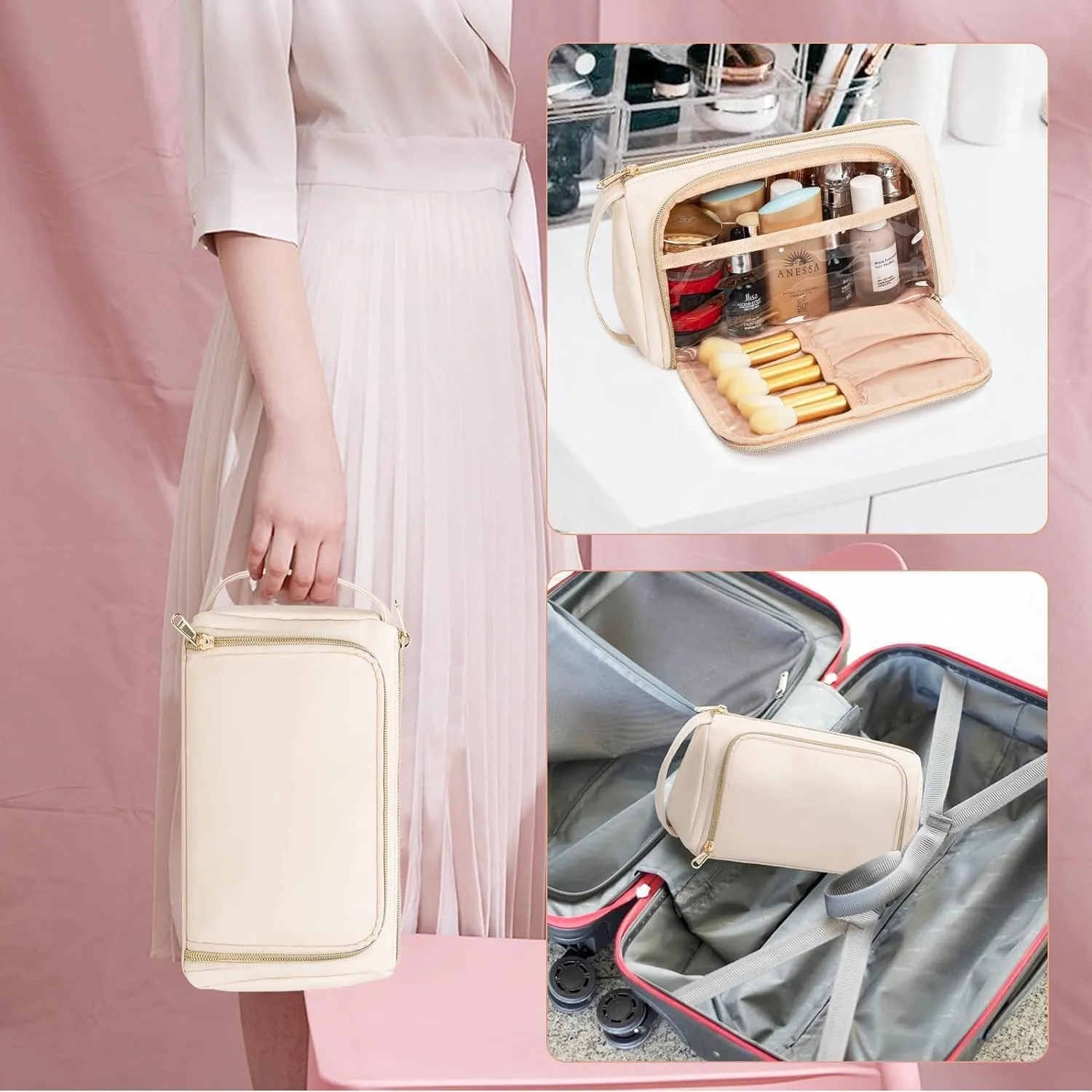 Travel Makeup Bag, Waterproof Toiletry Bag Washbag Large Capacity Cosmetic Bag Simplistic with Handles, Makeup Organizer Pouch, Mothers day gift (Beige)