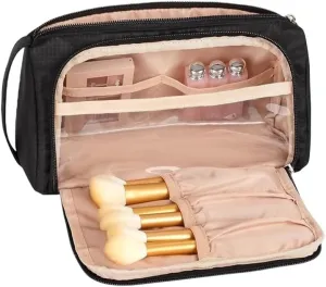 Travel Makeup Bag, Waterproof Toiletry Bag Washbag Large Capacity Cosmetic Bag Simplistic with Handles, Makeup Organizer Pouch, Mothers day gift (Black)