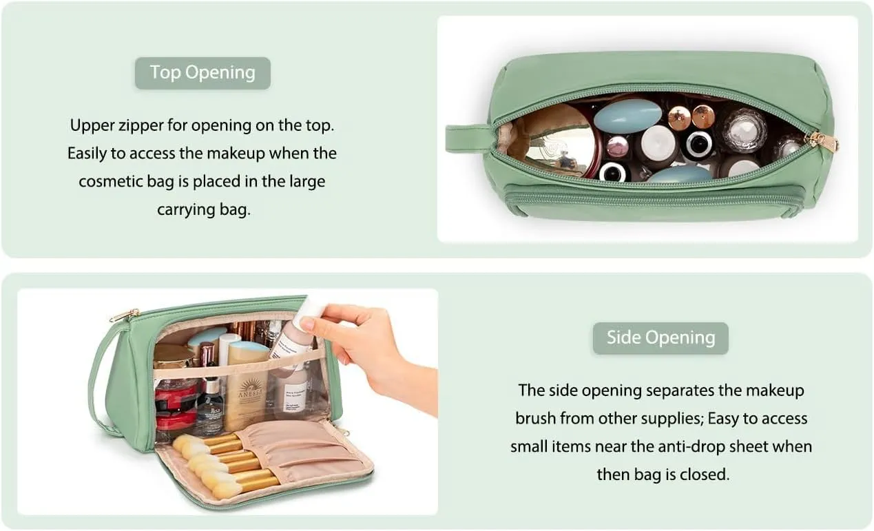 Travel Makeup Bag, Waterproof Toiletry Bag Washbag Large Capacity Cosmetic Bag Simplistic with Handles, Makeup Organizer Pouch, Mothers day gift (Green)