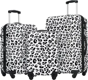 Travel with Ease Hardshell Luggage Set, 3 Piece Spinner Suitcase, Lightweight and Expandable, White and Black Leopard