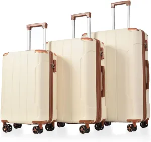 Travel with Ease using 3-Piece Expandable Luggage Set, Durable Hard Shell ABS with Double Spinner Wheels, White/Brown