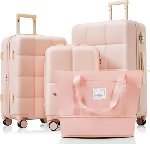 Travel with Ease using 4-Piece Luggage Set, 20-Inch Hard Shell Suitcase with USB Port, Spinner Wheels, and Cup Holder, Pink