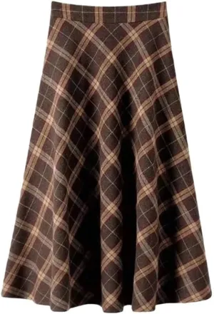 Tweed plaid skirt women's loose retro British style midi high-waisted hip A-line long skirt