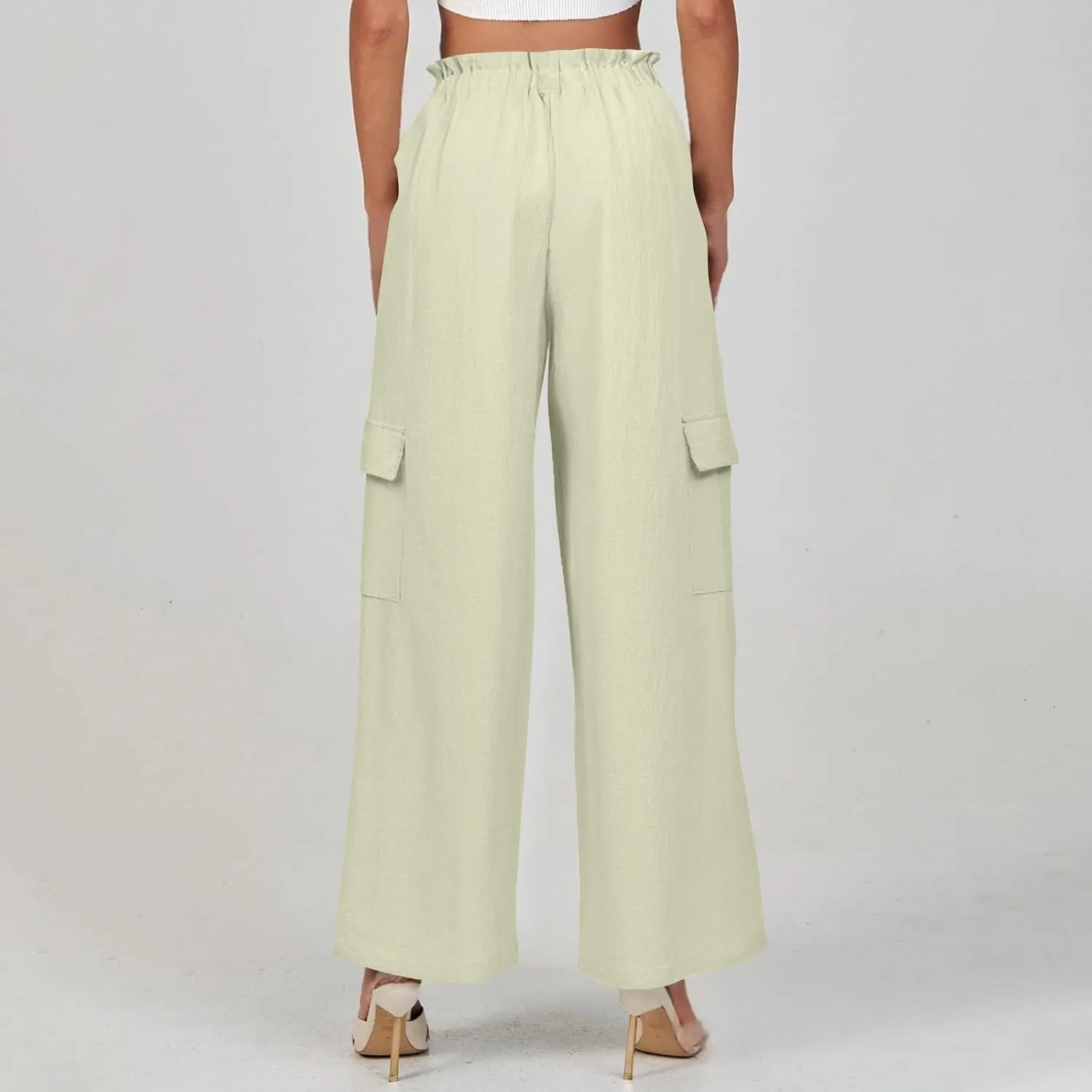Wide Leg Cargo Pants for Women Casual Summer Elastic Waist Linen Pants Beach Trousers with Pockets Vacation Outfits