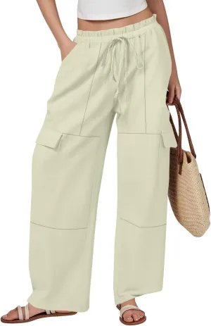 Wide Leg Cargo Pants for Women Casual Summer Elastic Waist Linen Pants Beach Trousers with Pockets Vacation Outfits