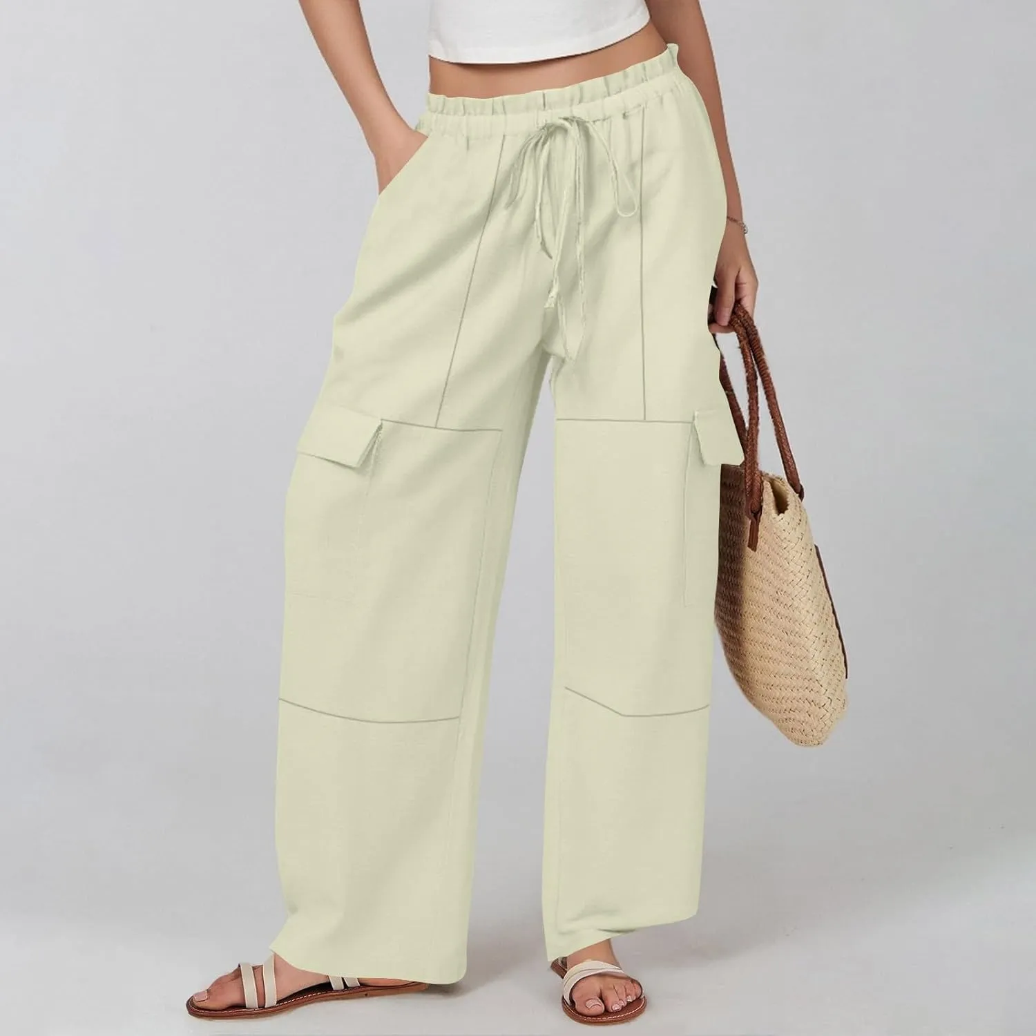 Wide Leg Cargo Pants for Women Casual Summer Elastic Waist Linen Pants Beach Trousers with Pockets Vacation Outfits