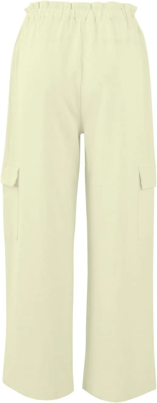Wide Leg Cargo Pants for Women Casual Summer Elastic Waist Linen Pants Beach Trousers with Pockets Vacation Outfits
