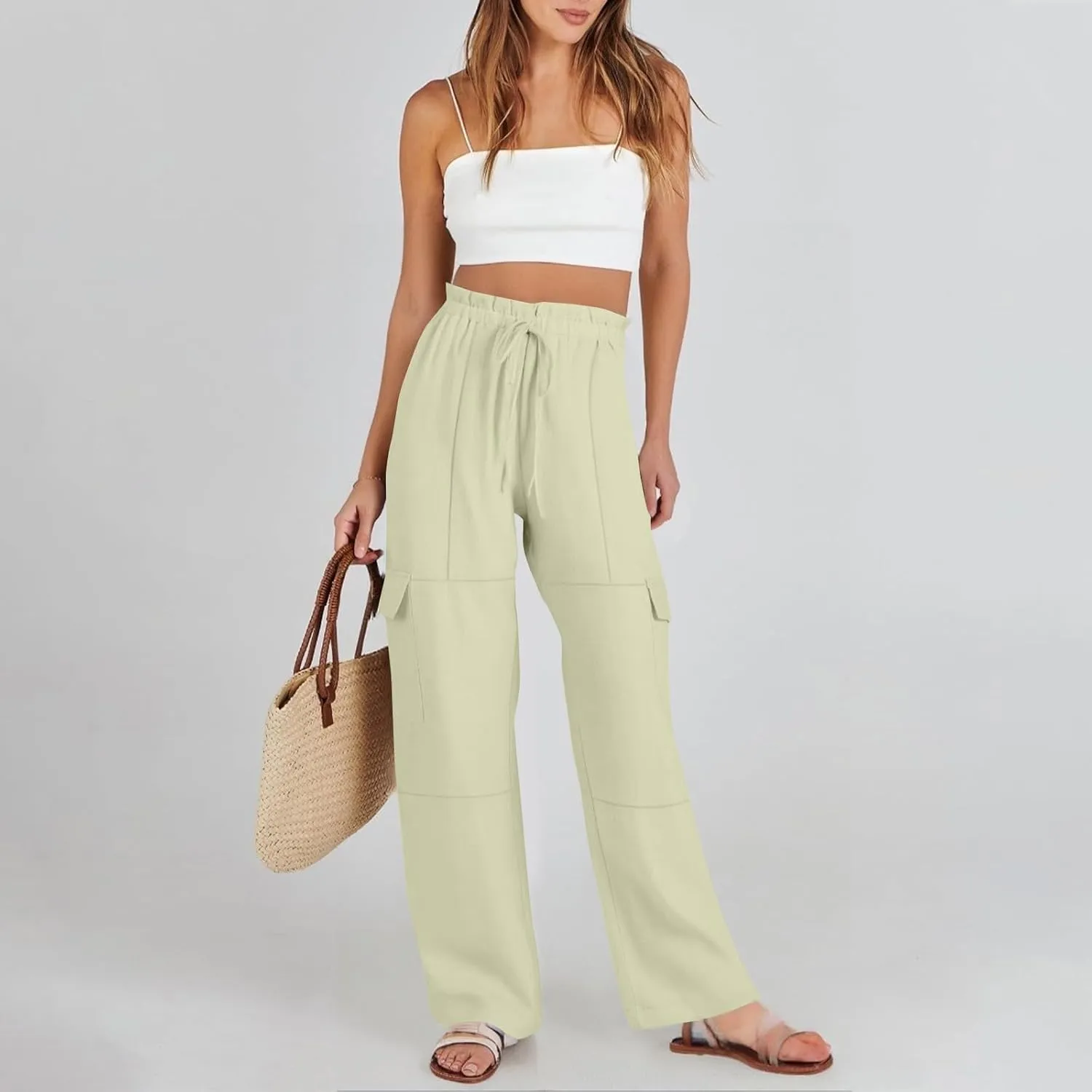 Wide Leg Cargo Pants for Women Casual Summer Elastic Waist Linen Pants Beach Trousers with Pockets Vacation Outfits