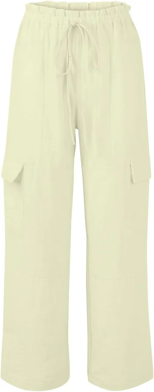 Wide Leg Cargo Pants for Women Casual Summer Elastic Waist Linen Pants Beach Trousers with Pockets Vacation Outfits