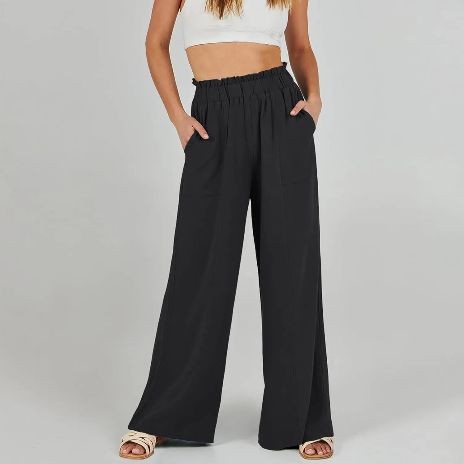 Wide Leg Dress Pants for Women Elastic Waist Loose Fit Work Pants Casual High Waisted Dressy Trousers with Pockets