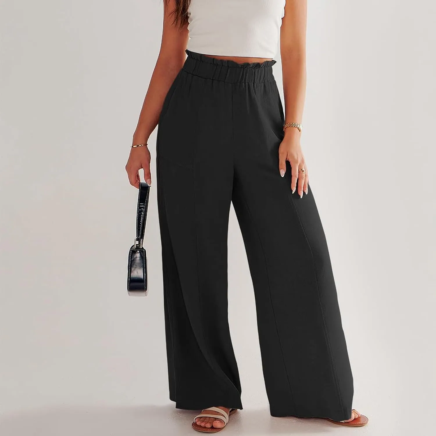 Wide Leg Dress Pants for Women Elastic Waist Loose Fit Work Pants Casual High Waisted Dressy Trousers with Pockets