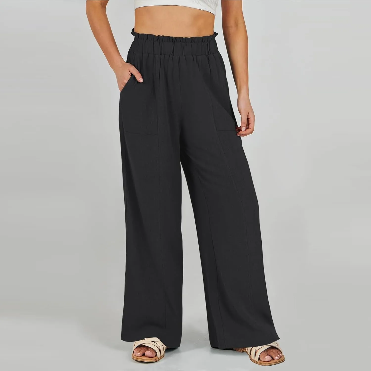 Wide Leg Dress Pants for Women Elastic Waist Loose Fit Work Pants Casual High Waisted Dressy Trousers with Pockets
