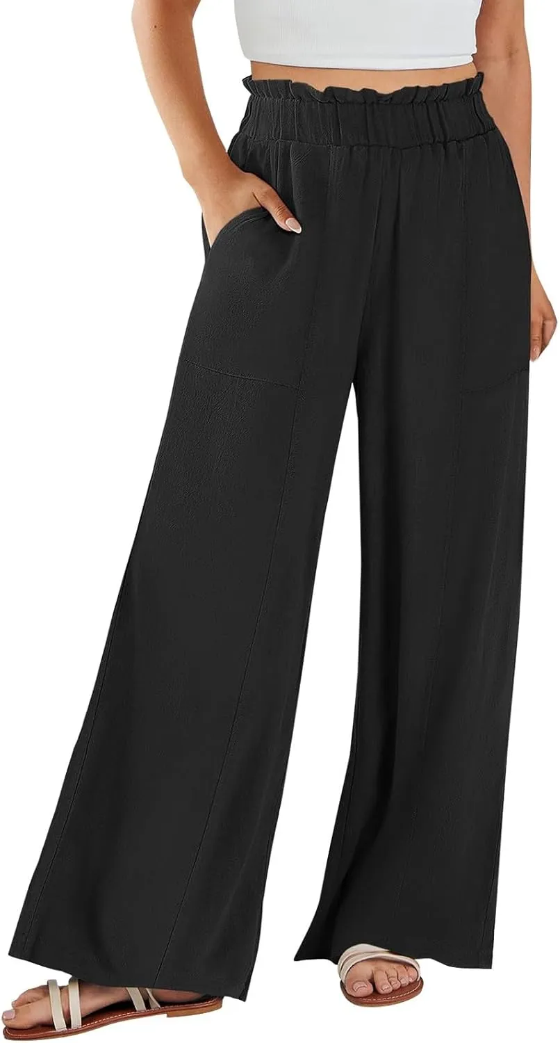 Wide Leg Dress Pants for Women Elastic Waist Loose Fit Work Pants Casual High Waisted Dressy Trousers with Pockets