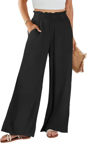 Wide Leg Dress Pants for Women Elastic Waist Loose Fit Work Pants Casual High Waisted Dressy Trousers with Pockets