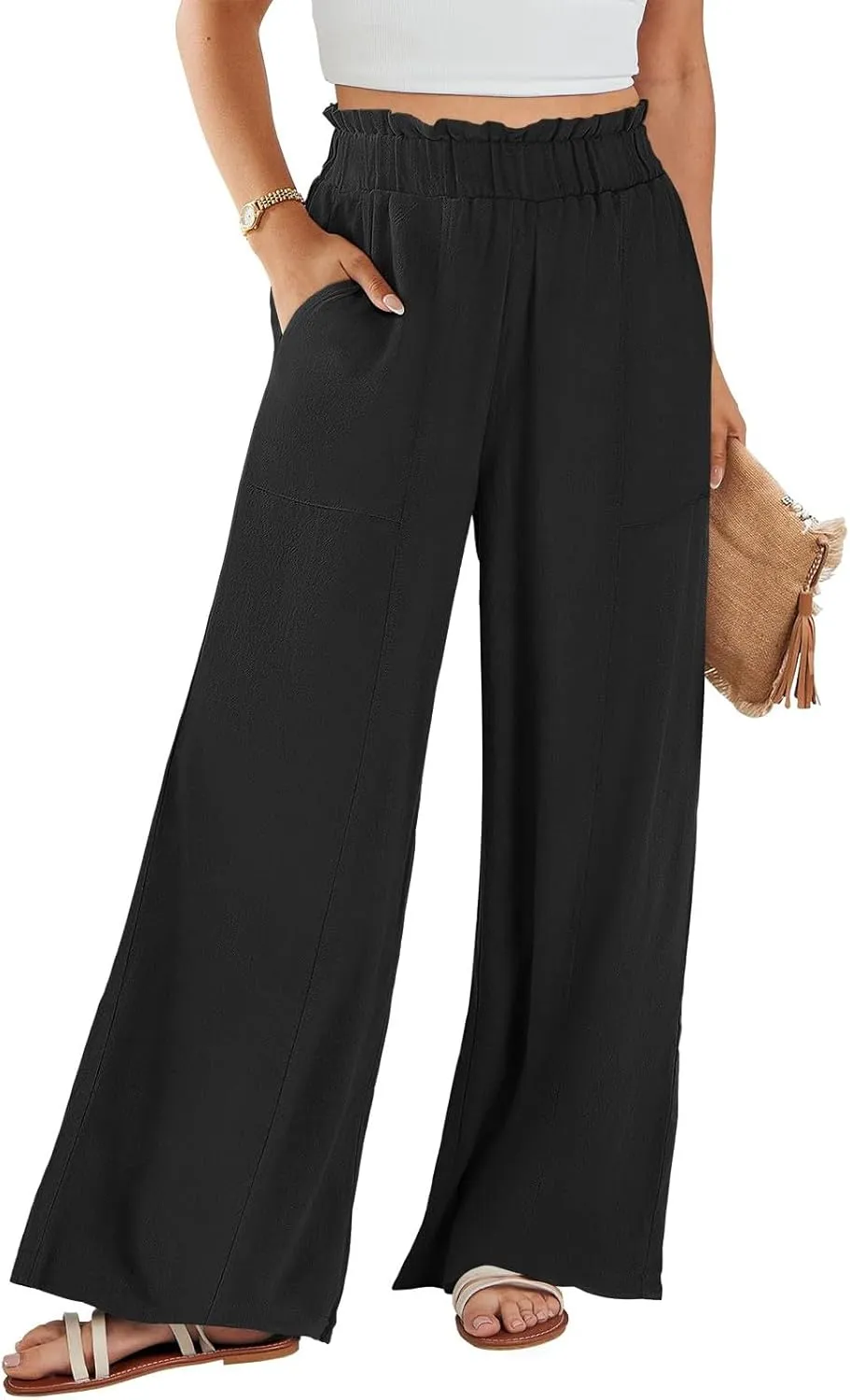 Wide Leg Dress Pants for Women Elastic Waist Loose Fit Work Pants Casual High Waisted Dressy Trousers with Pockets