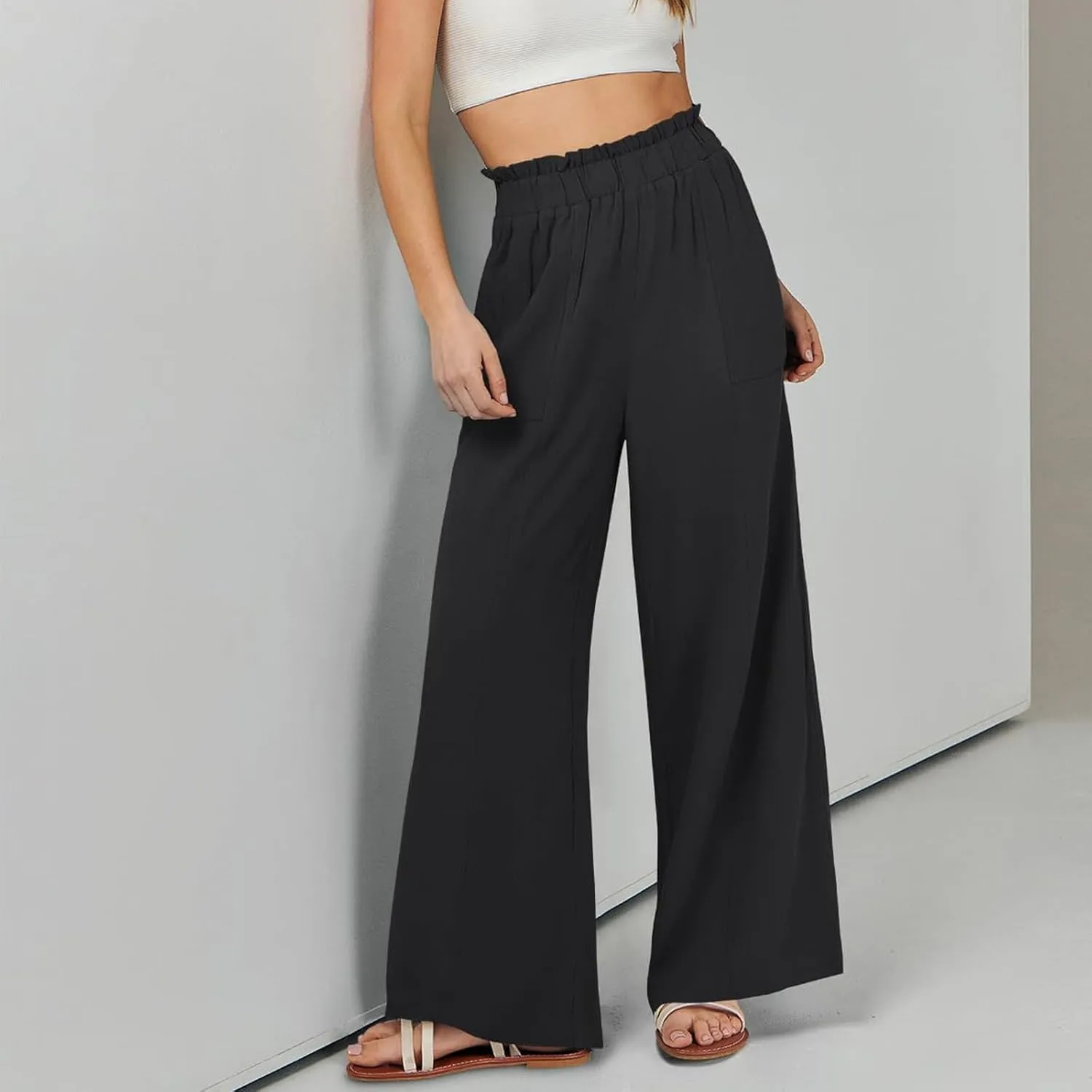 Wide Leg Dress Pants for Women Elastic Waist Loose Fit Work Pants Casual High Waisted Dressy Trousers with Pockets