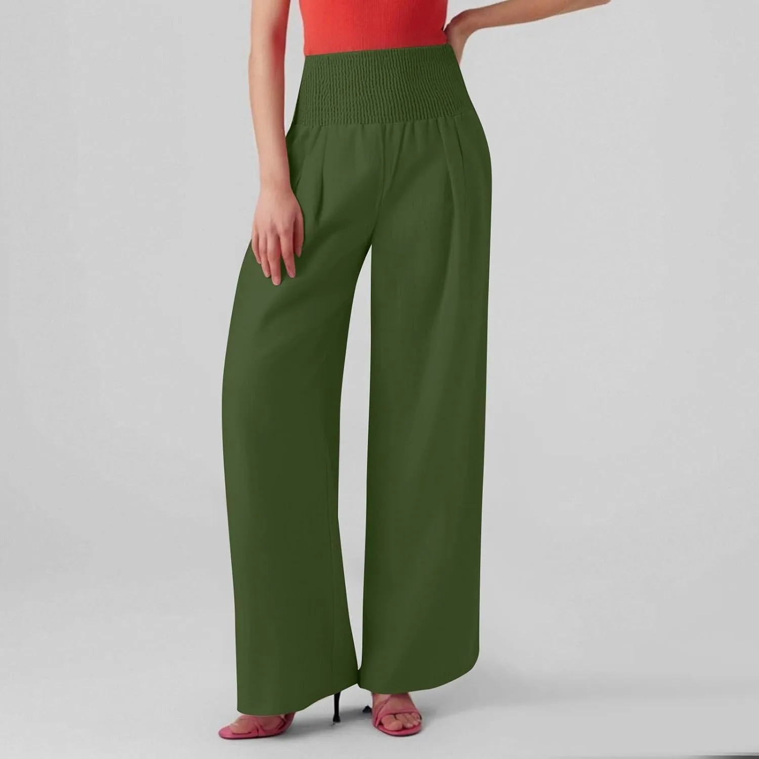Wide Leg Linen Pants for Women Summer Smocked High Waisted Casual Palazzo Pants Lounge Trouser with Pockets (S-XXL)