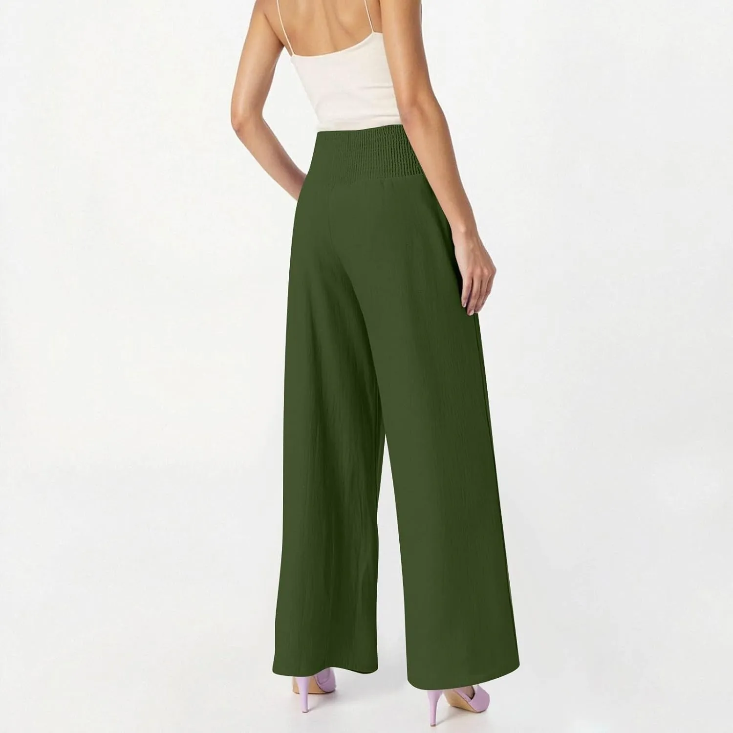 Wide Leg Linen Pants for Women Summer Smocked High Waisted Casual Palazzo Pants Lounge Trouser with Pockets (S-XXL)
