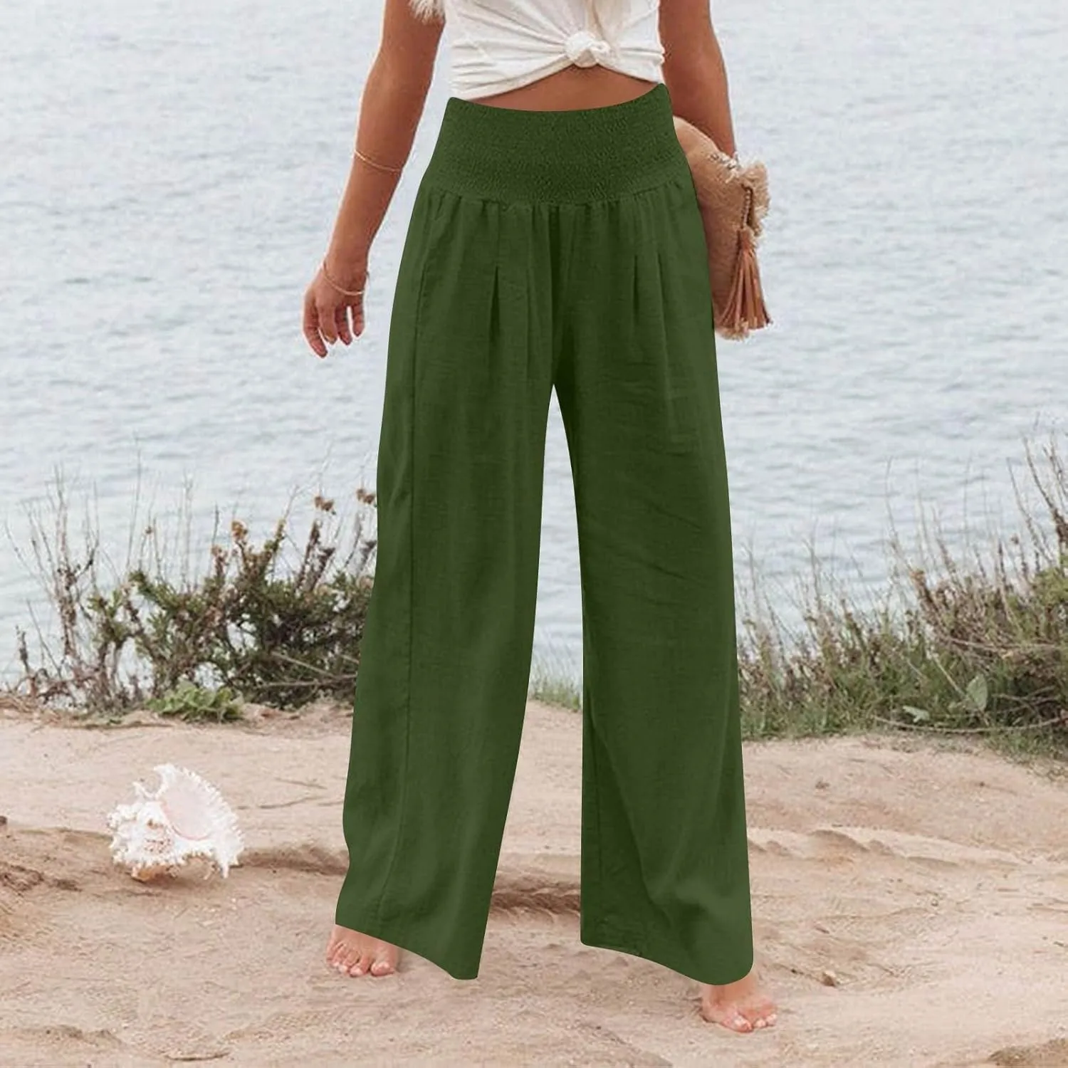 Wide Leg Linen Pants for Women Summer Smocked High Waisted Casual Palazzo Pants Lounge Trouser with Pockets (S-XXL)