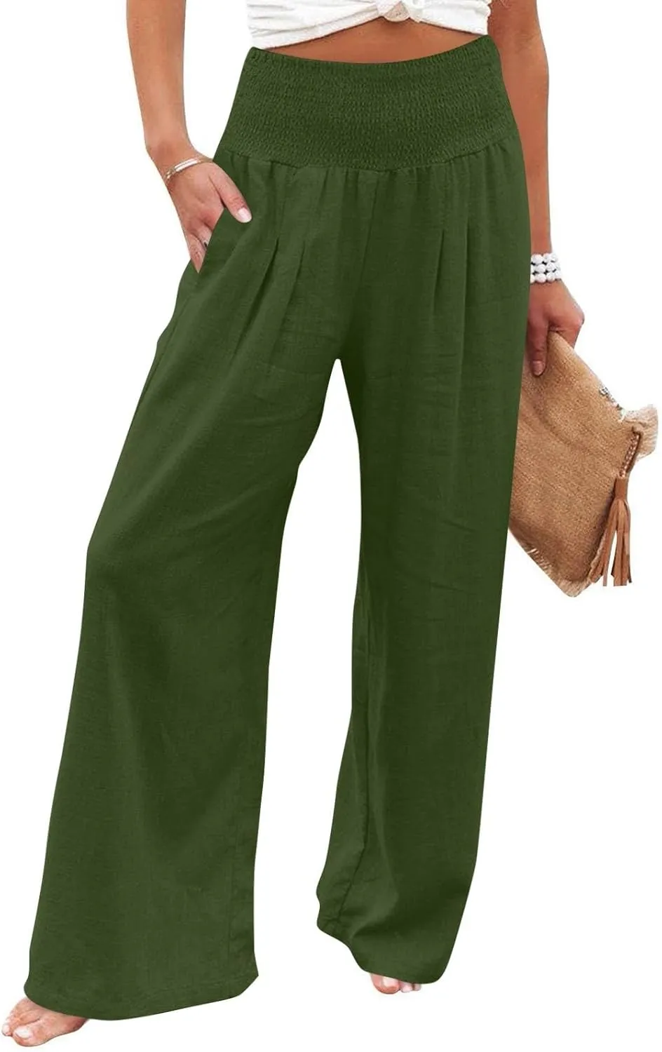 Wide Leg Linen Pants for Women Summer Smocked High Waisted Casual Palazzo Pants Lounge Trouser with Pockets (S-XXL)