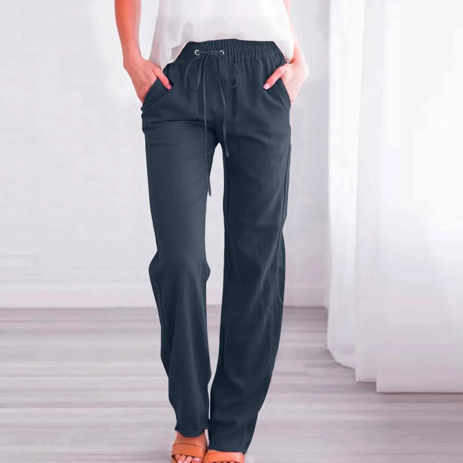 Wide Leg Linen Pants Women Preppy High Waist Palazzo Pants Summer Flowy Beach Pants Business Work Casual Pants with Pockets