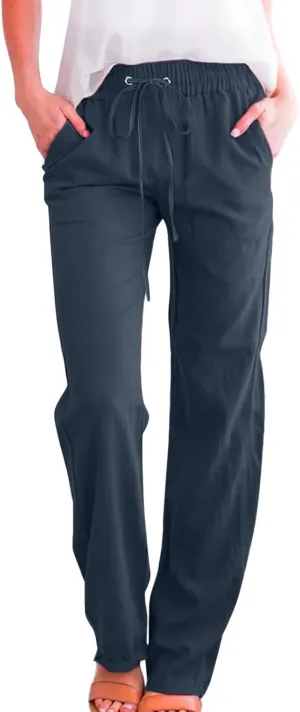 Wide Leg Linen Pants Women Preppy High Waist Palazzo Pants Summer Flowy Beach Pants Business Work Casual Pants with Pockets