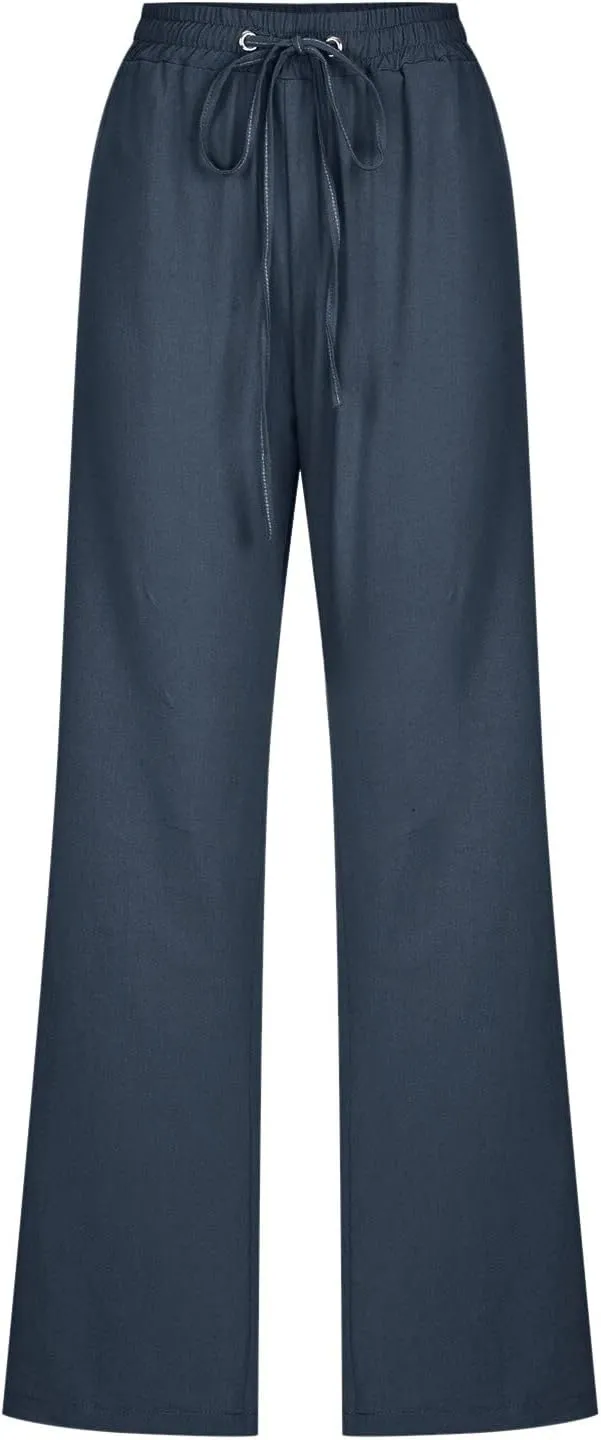 Wide Leg Linen Pants Women Preppy High Waist Palazzo Pants Summer Flowy Beach Pants Business Work Casual Pants with Pockets