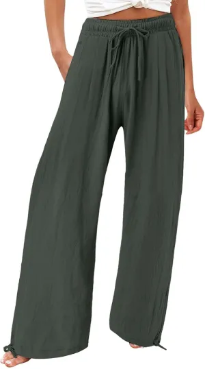 Wide Leg Pants for Woman Linen High Waisted Casual Flowy Baggy Drawstring Palazzo Trousers Pant Summer Vacation Wear
