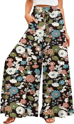 Wide Leg Pants Woman Summer Boho Palazzo Pants Drawstring Elastic High Waist Floral Print Pocket Beach Lounge Pants