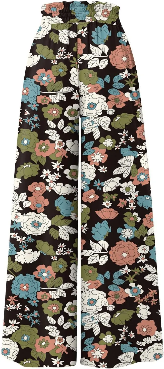 Wide Leg Pants Woman Summer Boho Palazzo Pants Drawstring Elastic High Waist Floral Print Pocket Beach Lounge Pants