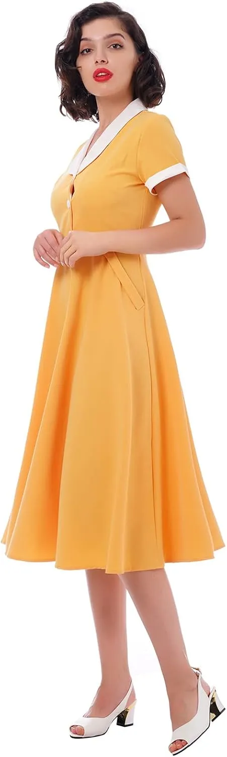 Women 1950s Vintage Short Sleeve Peter Pan Collar Retro Swing A Line Midi Summer Dress Cocktail Party Evening Prom Gown