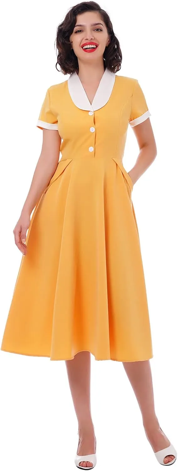 Women 1950s Vintage Short Sleeve Peter Pan Collar Retro Swing A Line Midi Summer Dress Cocktail Party Evening Prom Gown
