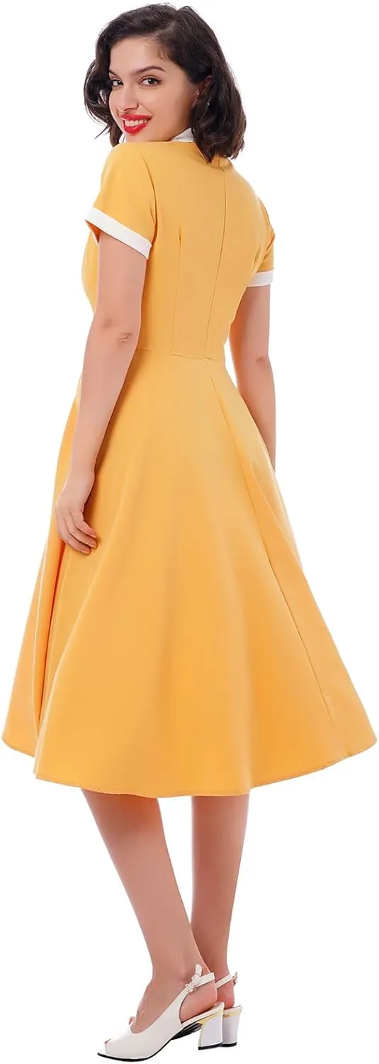 Women 1950s Vintage Short Sleeve Peter Pan Collar Retro Swing A Line Midi Summer Dress Cocktail Party Evening Prom Gown