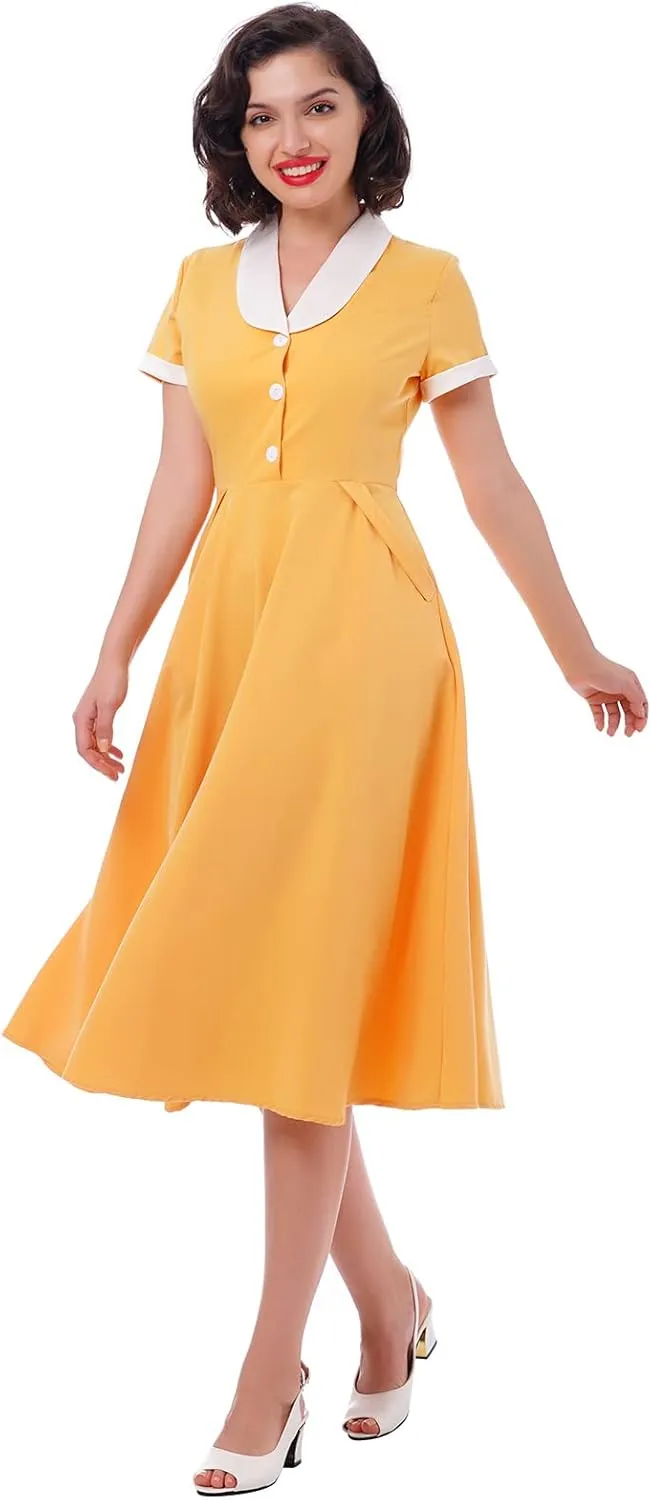 Women 1950s Vintage Short Sleeve Peter Pan Collar Retro Swing A Line Midi Summer Dress Cocktail Party Evening Prom Gown