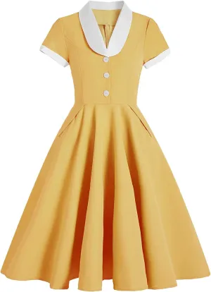 Women 1950s Vintage Short Sleeve Peter Pan Collar Retro Swing A Line Midi Summer Dress Cocktail Party Evening Prom Gown