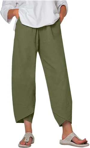 Women Cotton Linen Capris Pants Summer Plus Size Boho Pant Lightweight Hight Waist Linen Vacation Beach Trouser Pocket